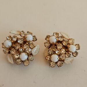 WEISS NY Vintage Milk Glass, Enamel & Rhinestones On Goldtone Clip On Earrings